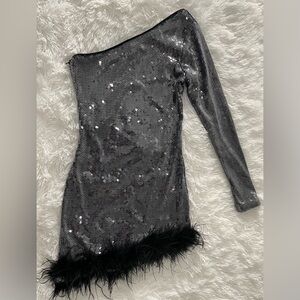 Superdown Metallic One-Shoulder Dress with Feather Trim